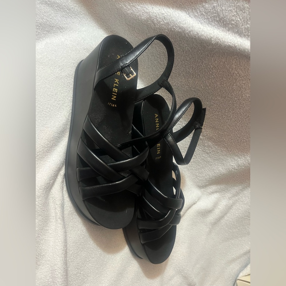 Anne Klein Women Black AKVINETTE Wedge Sandals Size 10.5